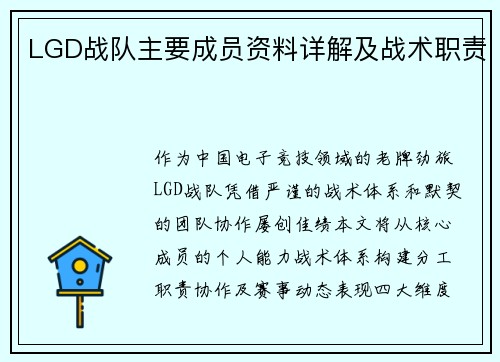 LGD战队主要成员资料详解及战术职责