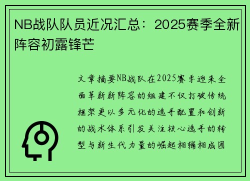 NB战队队员近况汇总：2025赛季全新阵容初露锋芒